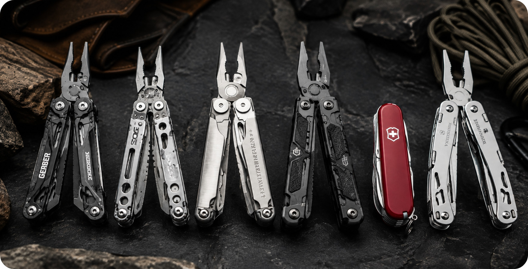 Six multitools laid out side by side on dark slate: four with pliers deployed, a red Victorinox Swiss Army knife, and a stainless multitool, beside a leather glove and coiled paracord.