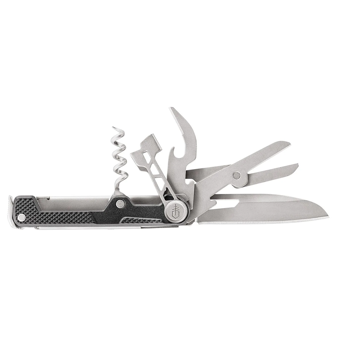 A silver Gerber Armbar Cork multitool is shown with its blade, corkscrew, and bottle opener deployed against a white background.
