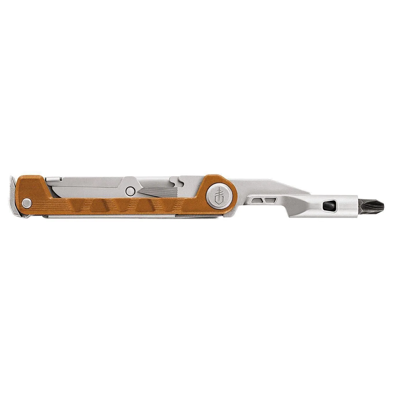 A silver and orange Gerber Armbar Drive multitool is shown in profile with a screwdriver bit extended from the right end.