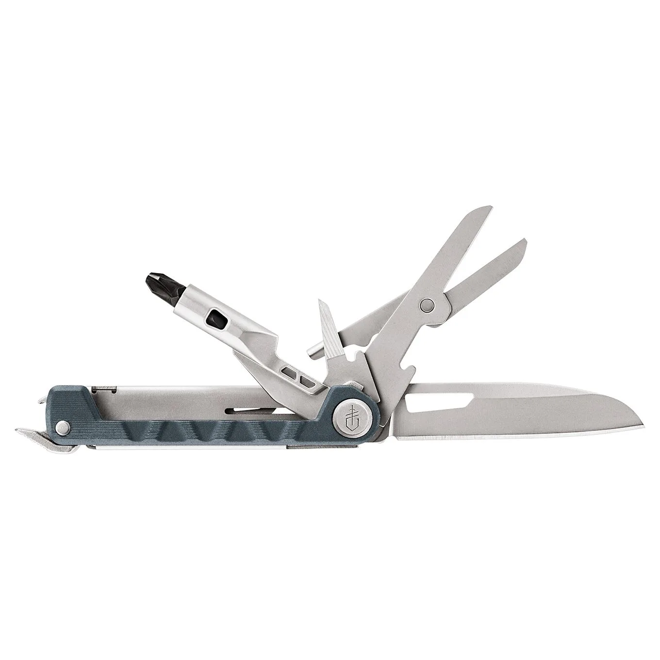 A silver and blue Gerber multitool is shown with its pliers, main blade, and a screwdriver tool deployed.