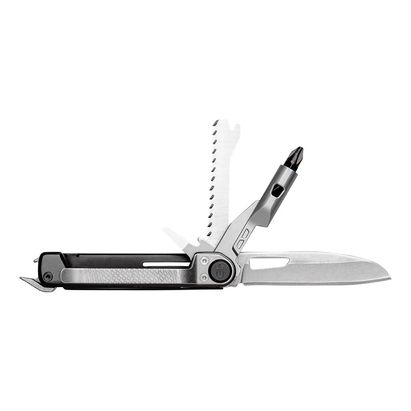 A silver and black Gerber multitool is shown with its main blade, saw, and screwdriver tool deployed.