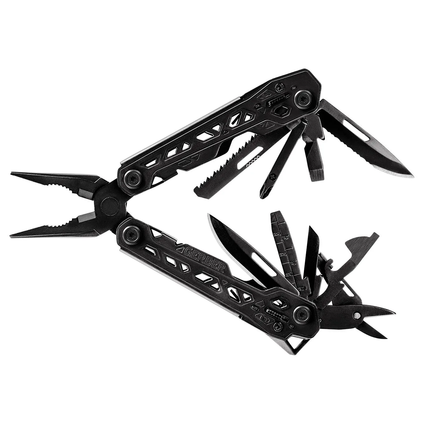 A black Gerber multitool is shown with its handles spread apart and multiple tools, including pliers, blades, and a saw, deployed.
