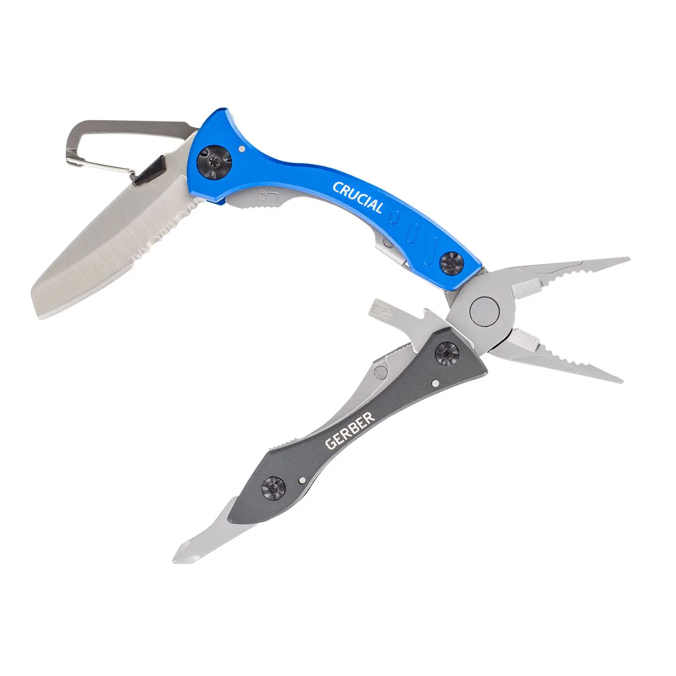 A Gerber Crucial multitool with blue and grey handles is shown open with the pliers and a large blade deployed.