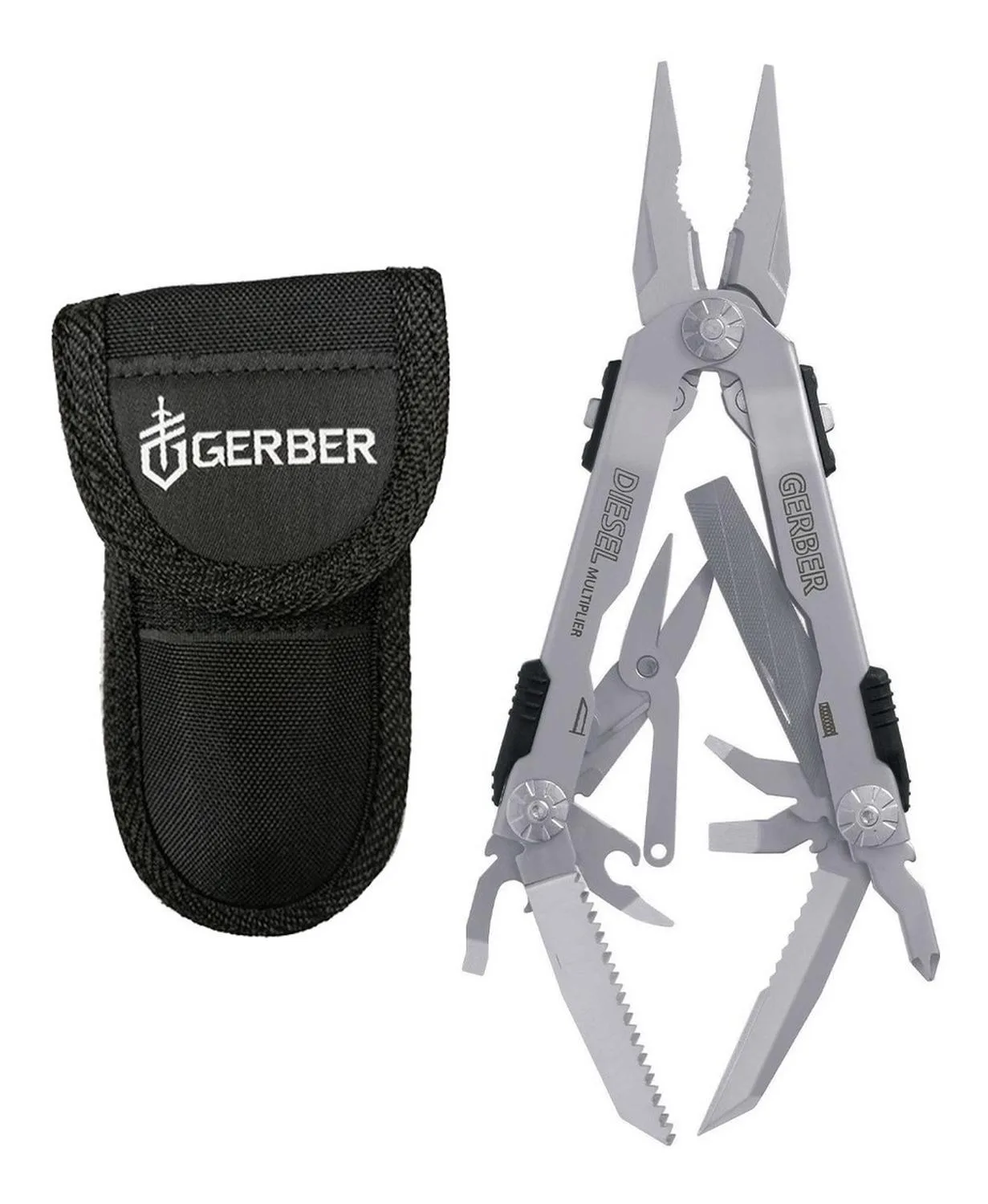 Gerber Diesel stainless steel multitool opened beside its black nylon sheath.