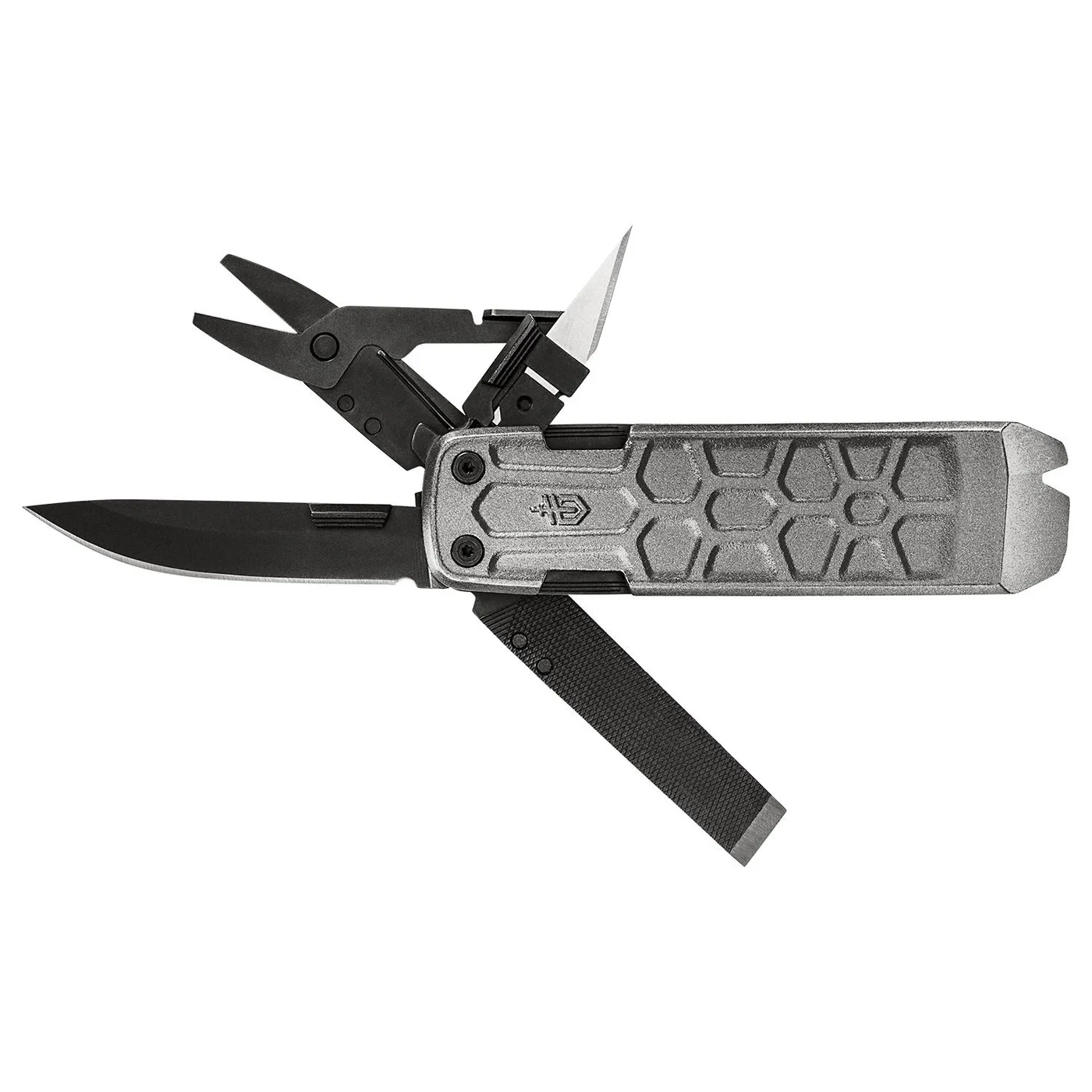 A silver Gerber multitool with a textured handle is shown with its black main blade, pliers, and a flat tool deployed.