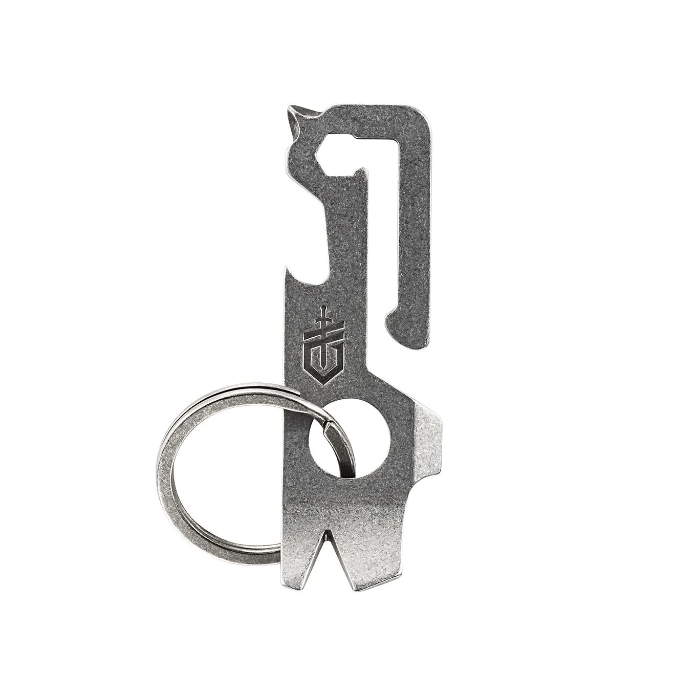A silver, stonewashed metal keychain tool with a Gerber logo, featuring a bottle opener, hex wrench, and a key ring.