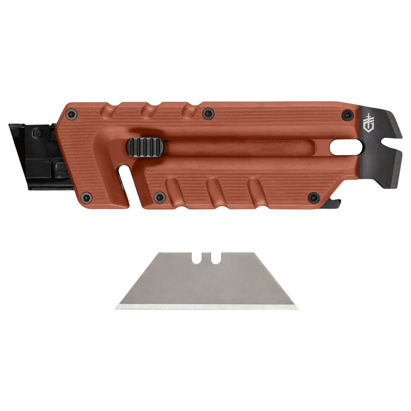A copper-colored Gerber Prybrid multitool with a black snap-off blade housing and a separate replacement blade shown below it on a white background.