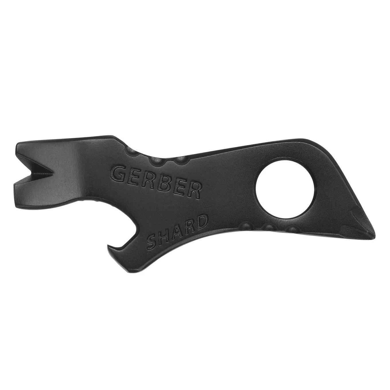 A black Gerber Shard multitool lies flat on a white background, displaying the brand name and model name engraved on its surface.