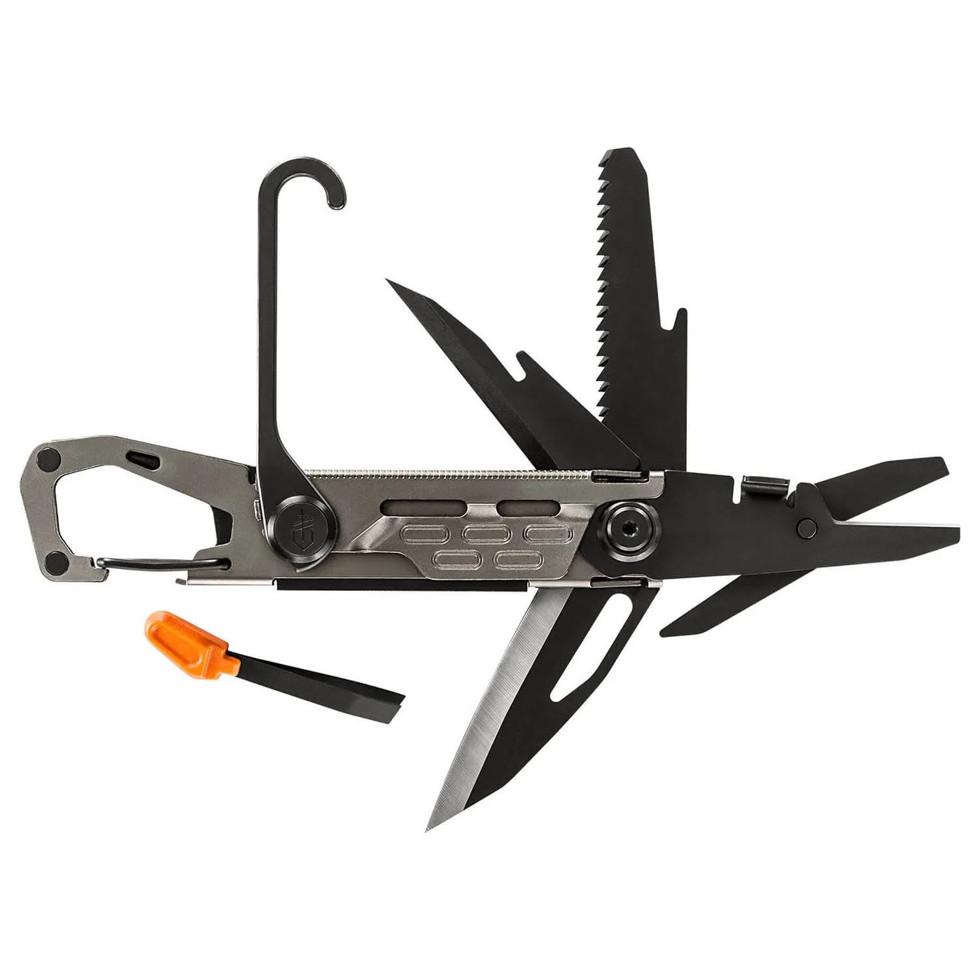 A silver and black Gerber Stake Out multitool is shown with its various tools, including a hook, saw, blades, and pliers, deployed in a fanned-out arrangement.