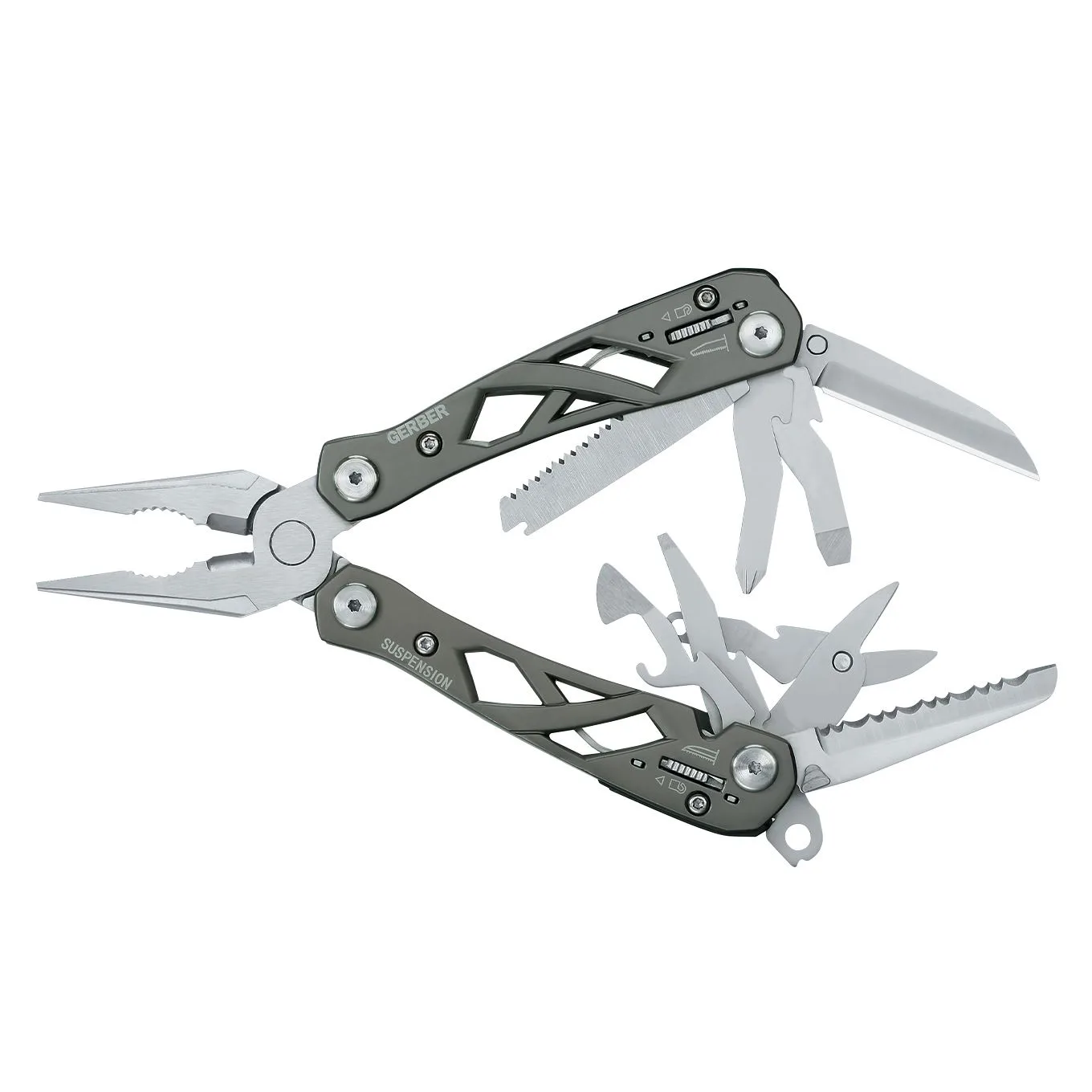 A Gerber Suspension multitool with grey handles is shown with its pliers and multiple folding tools deployed on a white background.