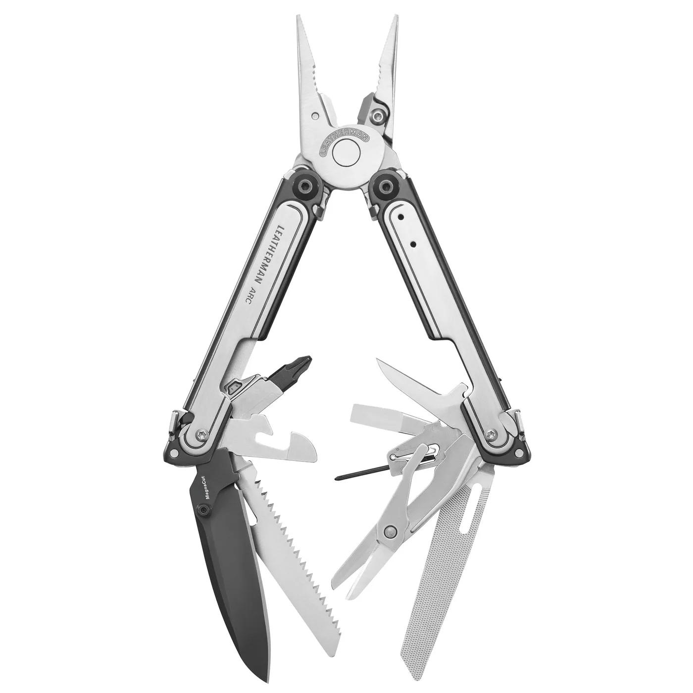 Black DLC and stainless steel Leatherman ARC® multi-tool opened showcasing the many tools and features included.