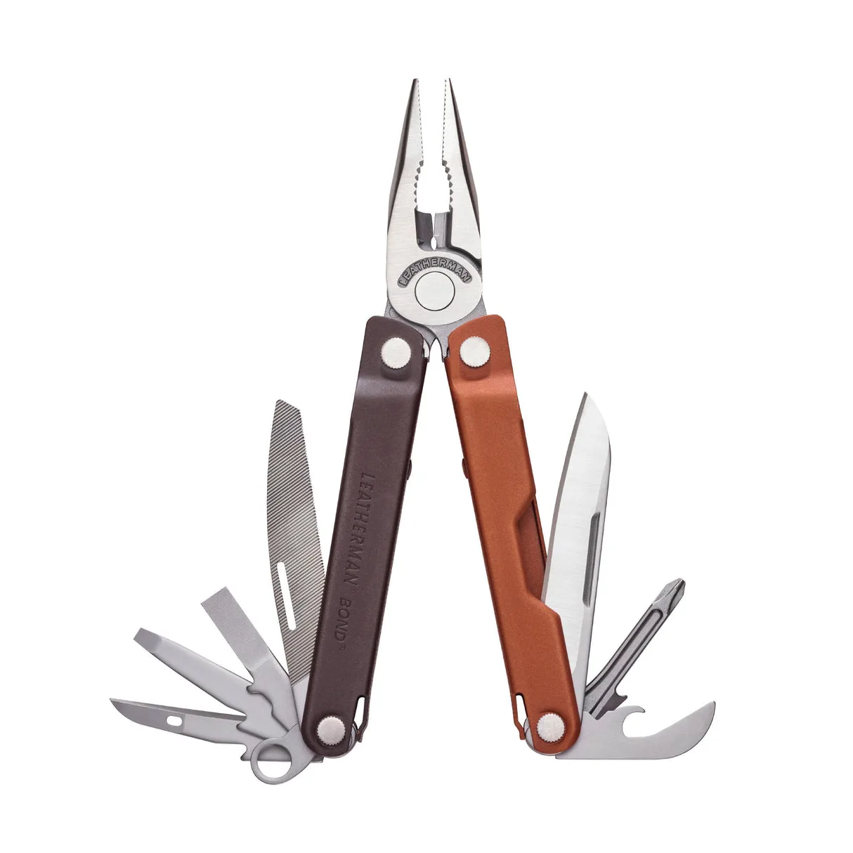 A Leatherman Bond multitool with brown and tan handles is shown with its pliers and multiple side tools deployed in a fan shape against a white background.