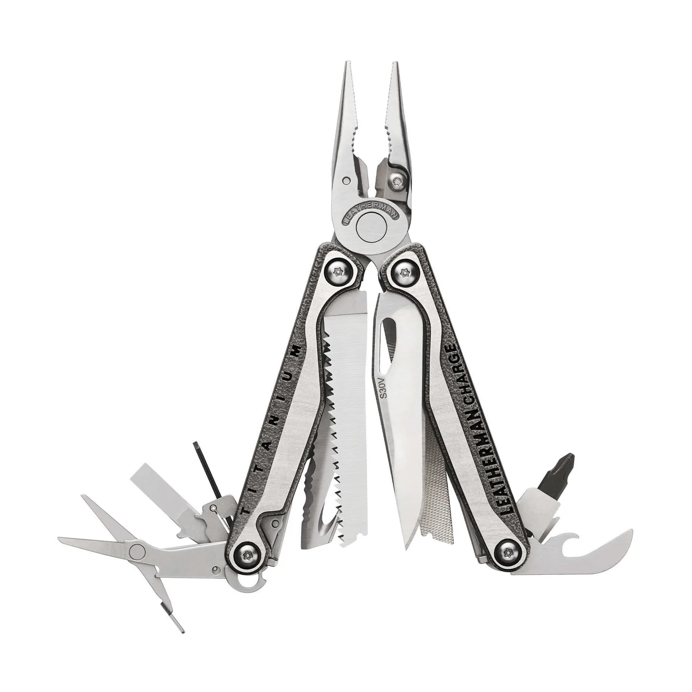 Leatherman Charge+ TTi with titanium handles, tools fanned open