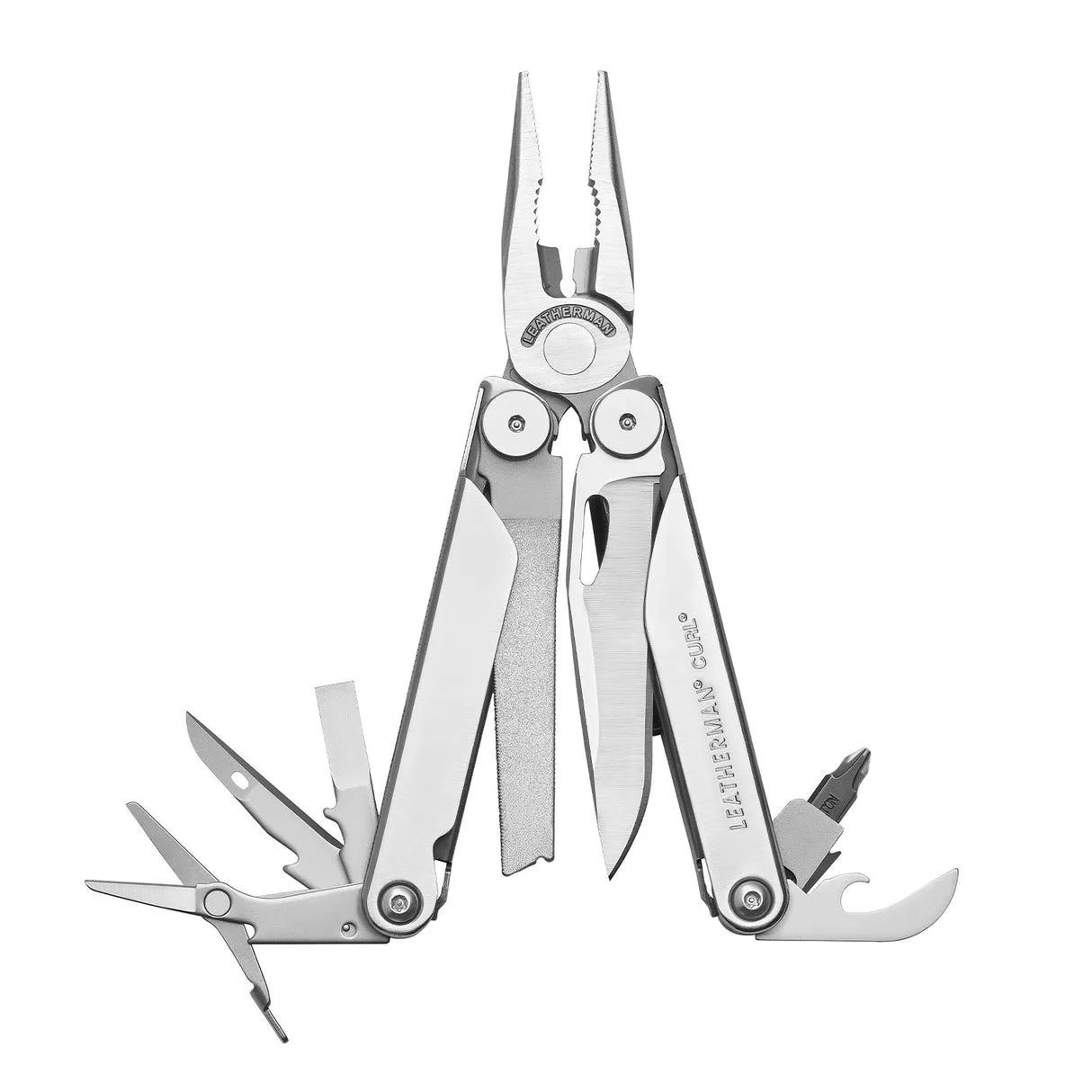 A silver Leatherman Curl multitool is shown with its pliers and multiple side tools deployed and fanned out against a white background.