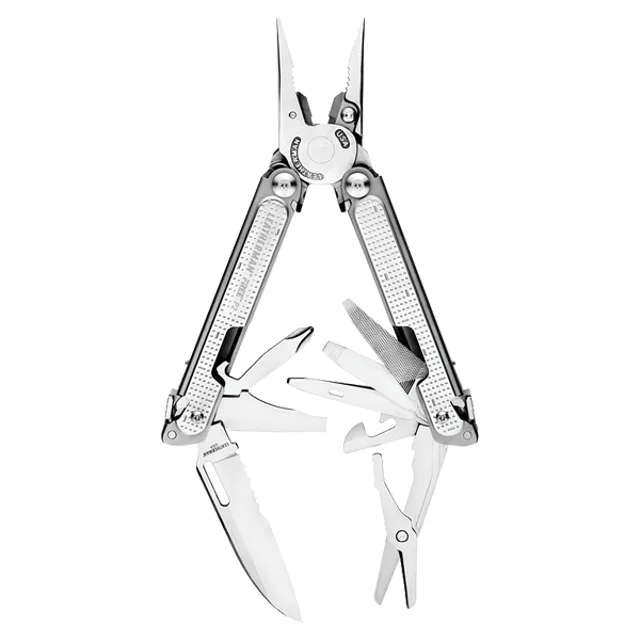 A silver Leatherman FREE P2 multitool is shown with its pliers open at the top and multiple tools, including a large knife blade and scissors, deployed from the handles.