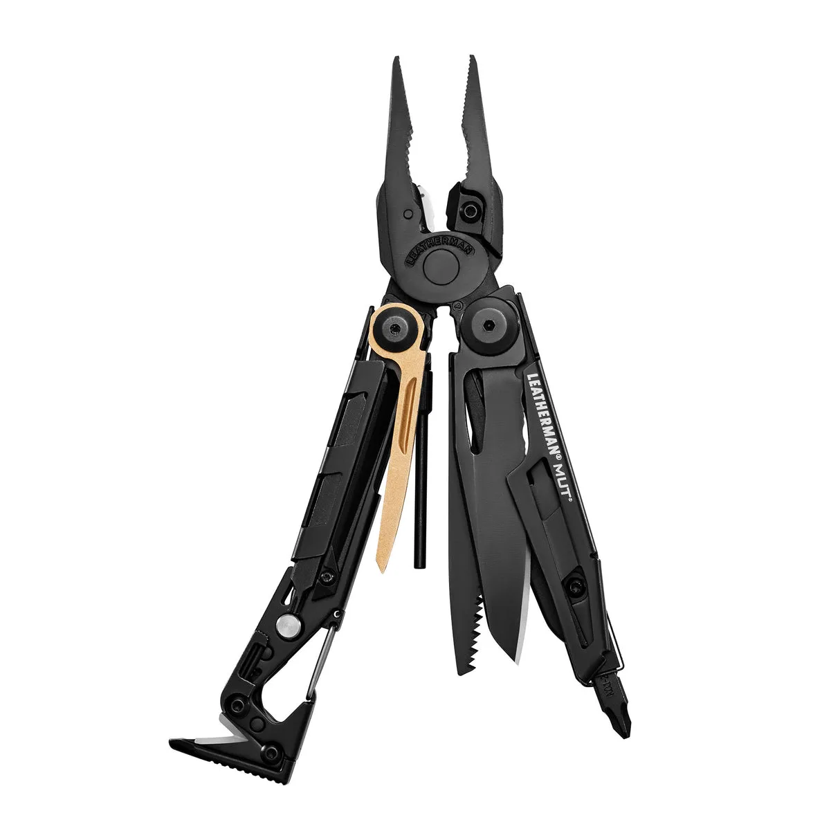A black Leatherman MUT multitool is shown with its pliers and several tools deployed, including a gold-colored tool and a saw, against a white background.