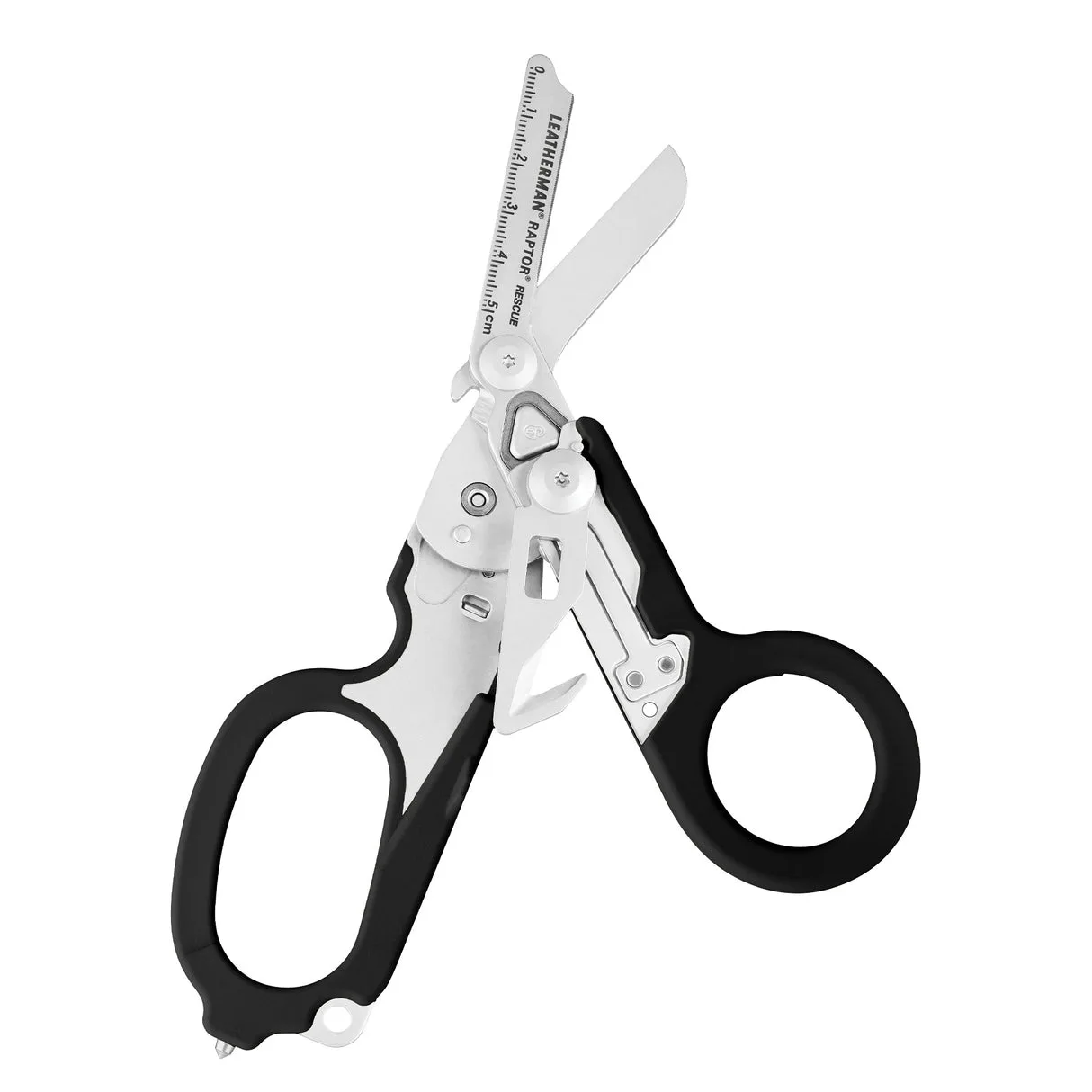 A silver and black Leatherman Raptor Rescue multitool is shown with its scissor blades and ruler scale extended against a white background.