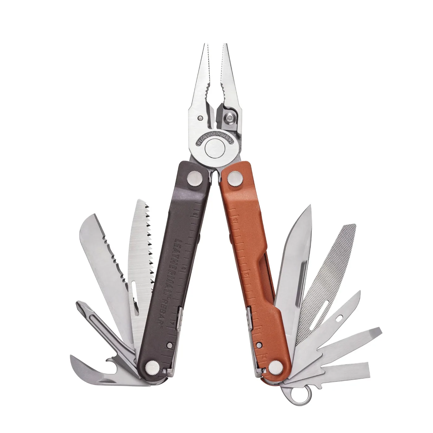 Burnt Sienna Leatherman Rebar® multi-tool with pliers and various tools extended, showcasing durable design.
