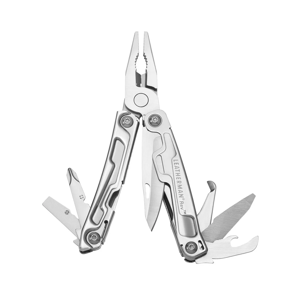 A silver Leatherman Rev multitool is shown with its pliers and a knife blade deployed, along with several other tools fanned out from the handles.