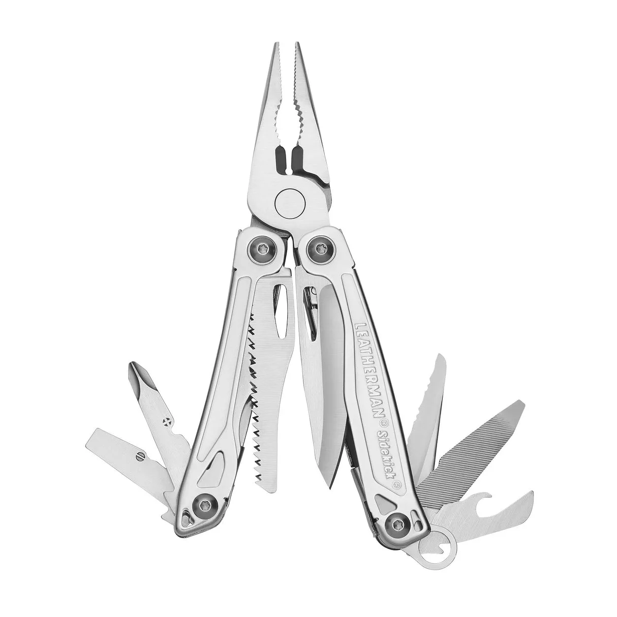 A silver Leatherman Sidekick multitool is shown with its pliers open and multiple tools, including a blade, saw, and file, fanned out on a white background.