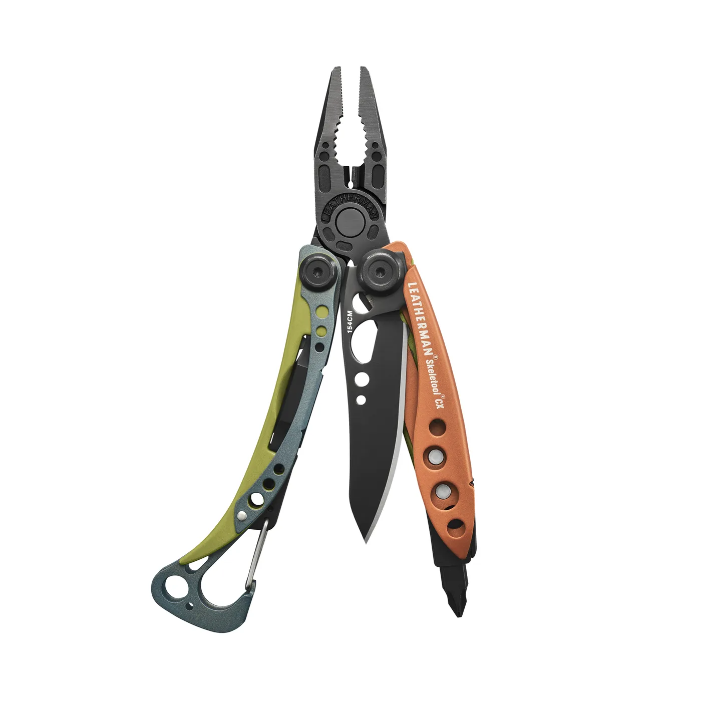 Leatherman Skeletool Cx Aurora multitool open with pliers, knife blade, and bit driver visible.