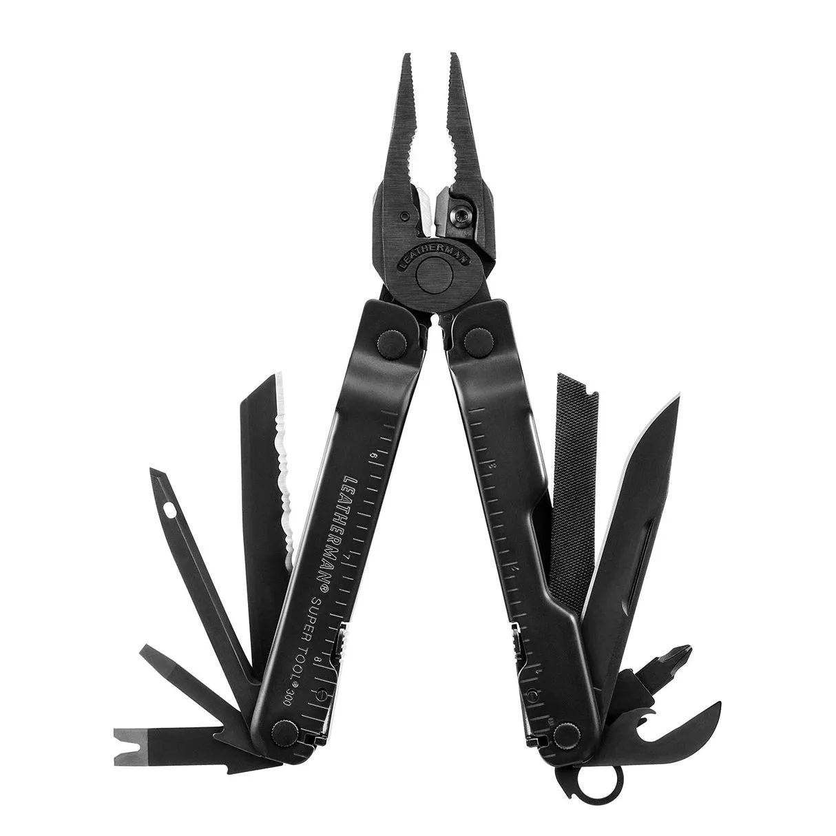 A black Leatherman Super Tool 300M multitool is shown with its pliers open and multiple tools fanned out on both sides against a white background.