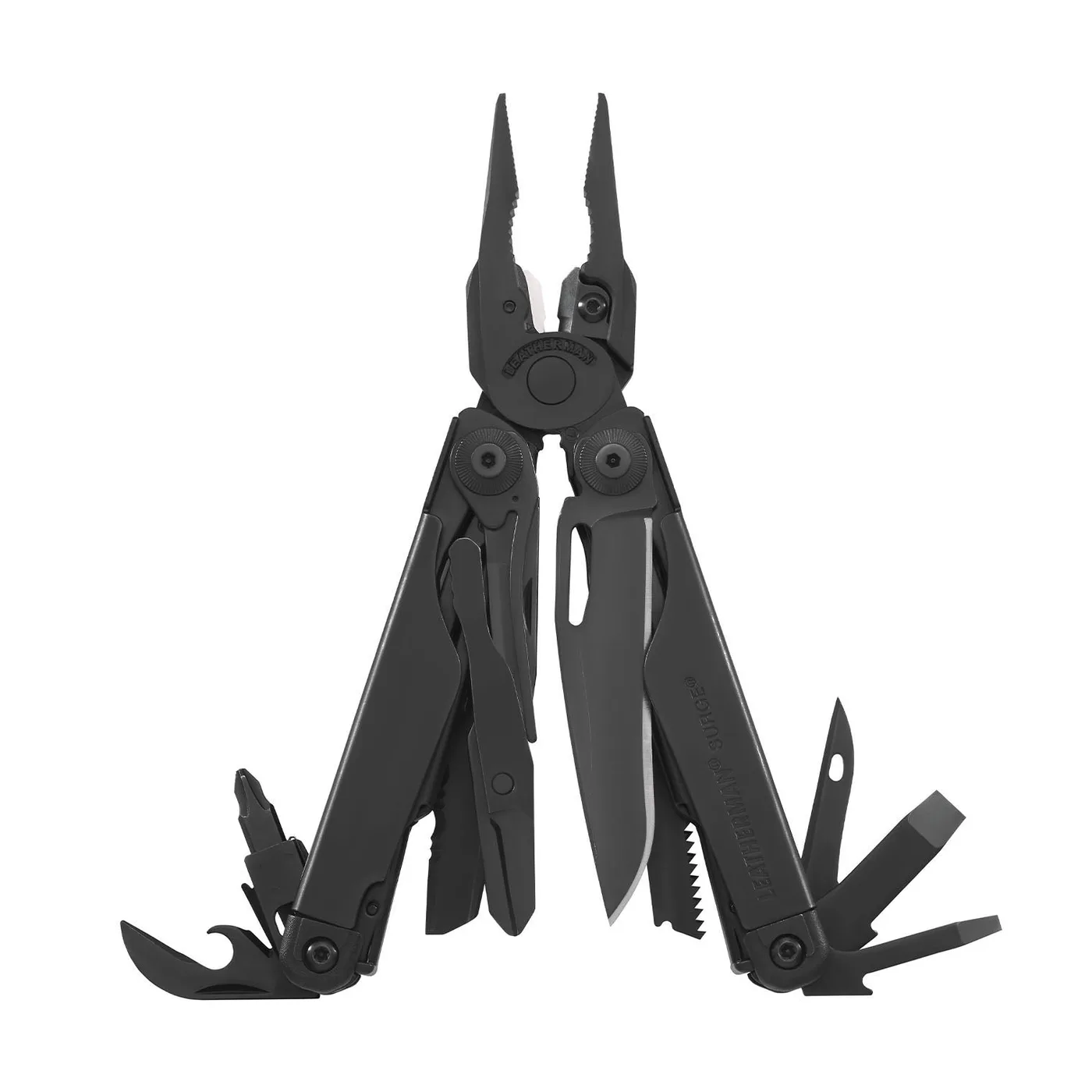 Black Leatherman Surge® multi-tool with pliers, blades, and various tools displayed in an open position.