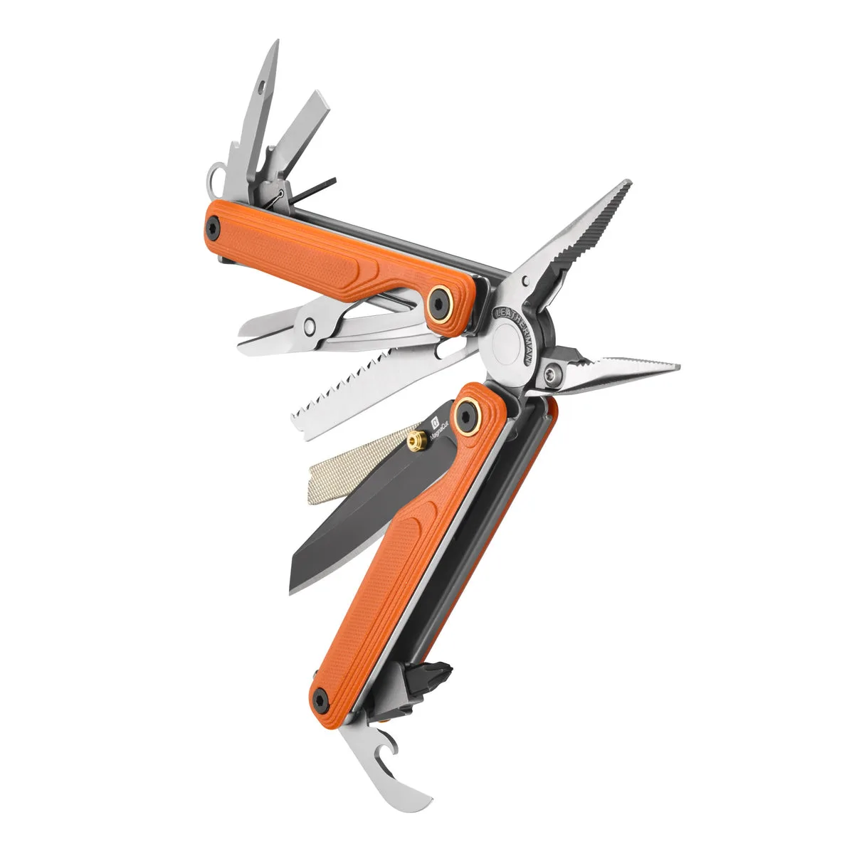 A Leatherman multitool with orange handles is shown with its pliers, blades, and other tools deployed in a fanned-out arrangement.