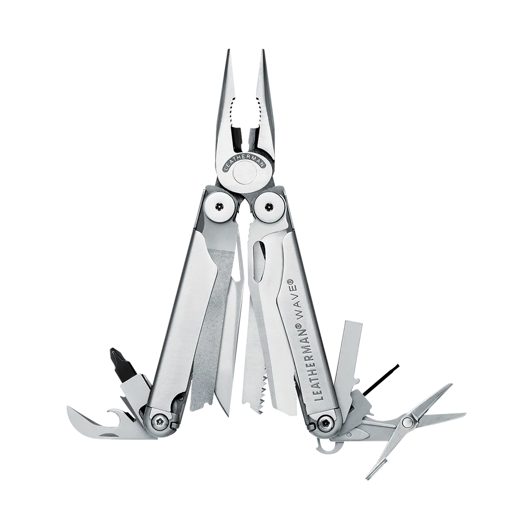 Leatherman Wave in stainless steel, pliers open with knives, saw, scissors and bit driver fanned out