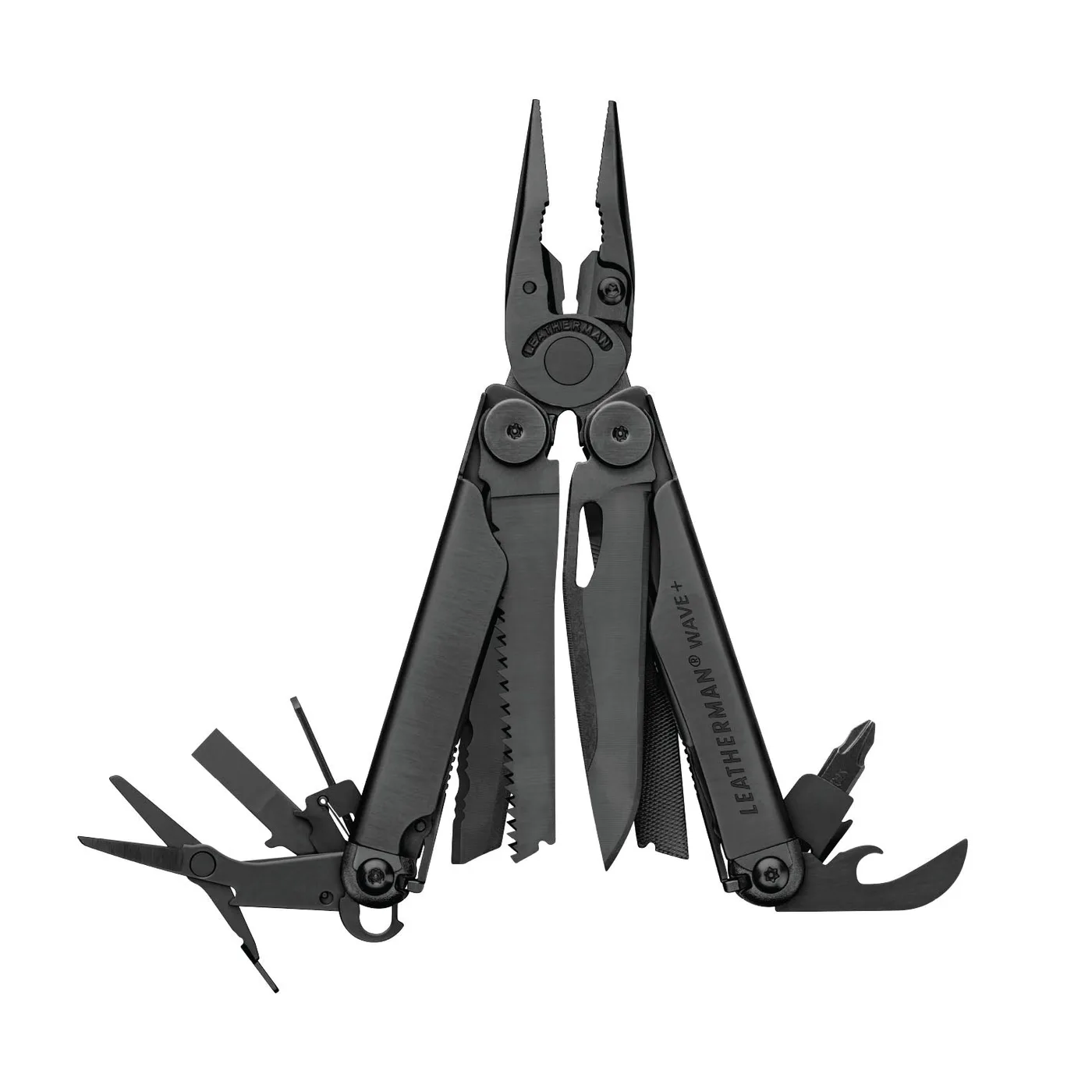 Black Leatherman Wave® Plus multi-tool with pliers, blades, and multiple tools displayed in an open position.