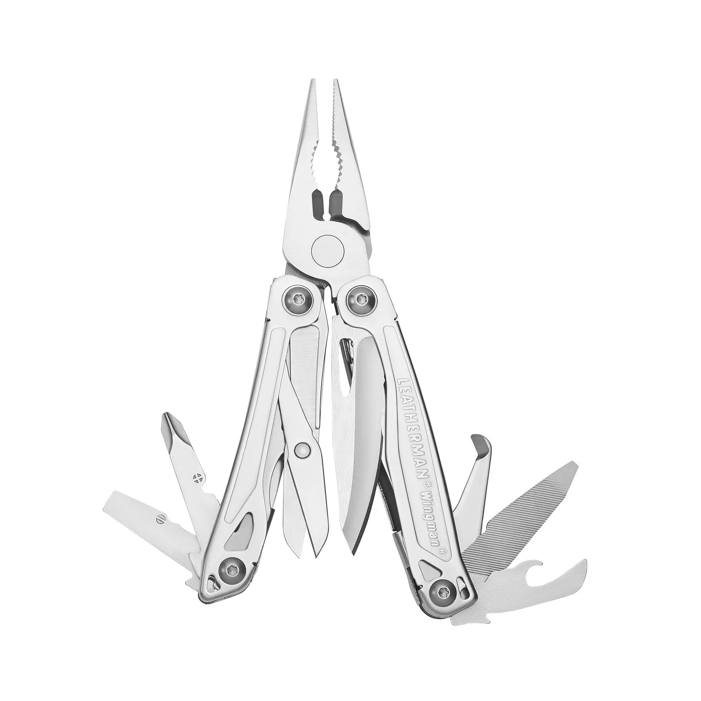 Stainless steel Leatherman Wingman® multi-tool opened showcasing the many tools and features included.