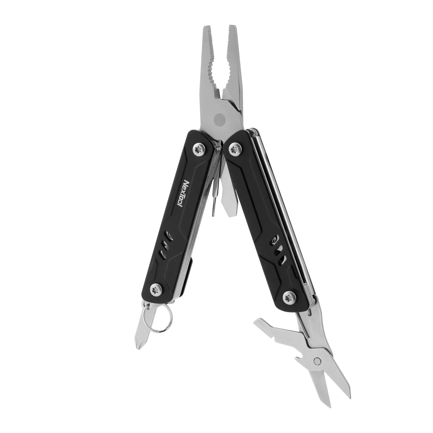 A black NexTool multitool is shown with its pliers and a tool at the bottom deployed against a white background.