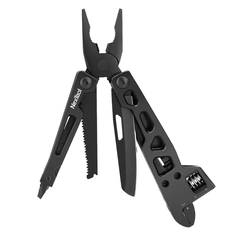 NexTool Vanguard Wrench opened with pliers, adjustable wrench, knife and saw visible.