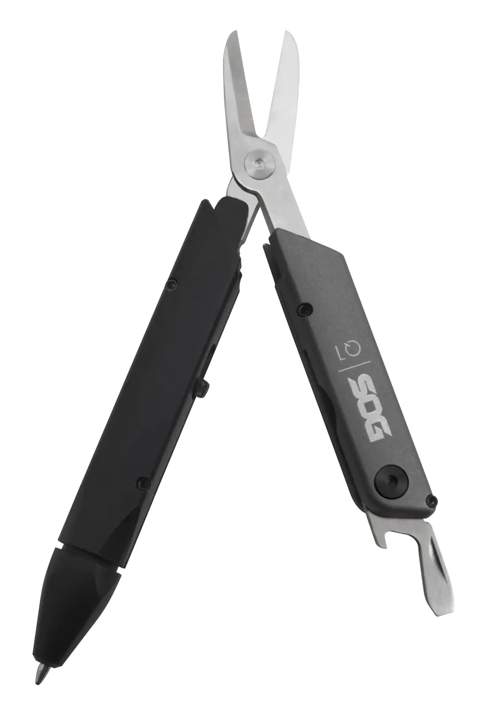 SOG Baton Q1 opened with scissors, pen, bottle opener and flat driver visible.