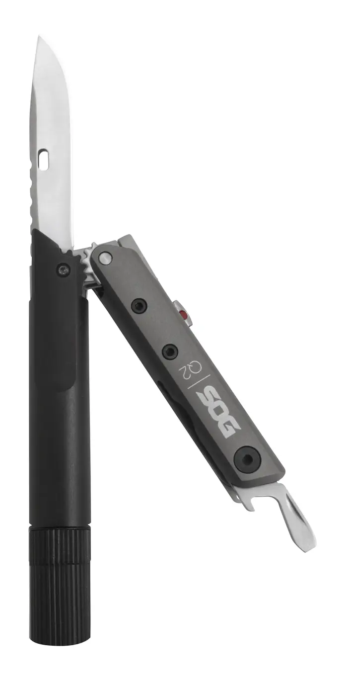 SOG Baton Q2 opened to show its clip-point blade, flashlight and drivers.