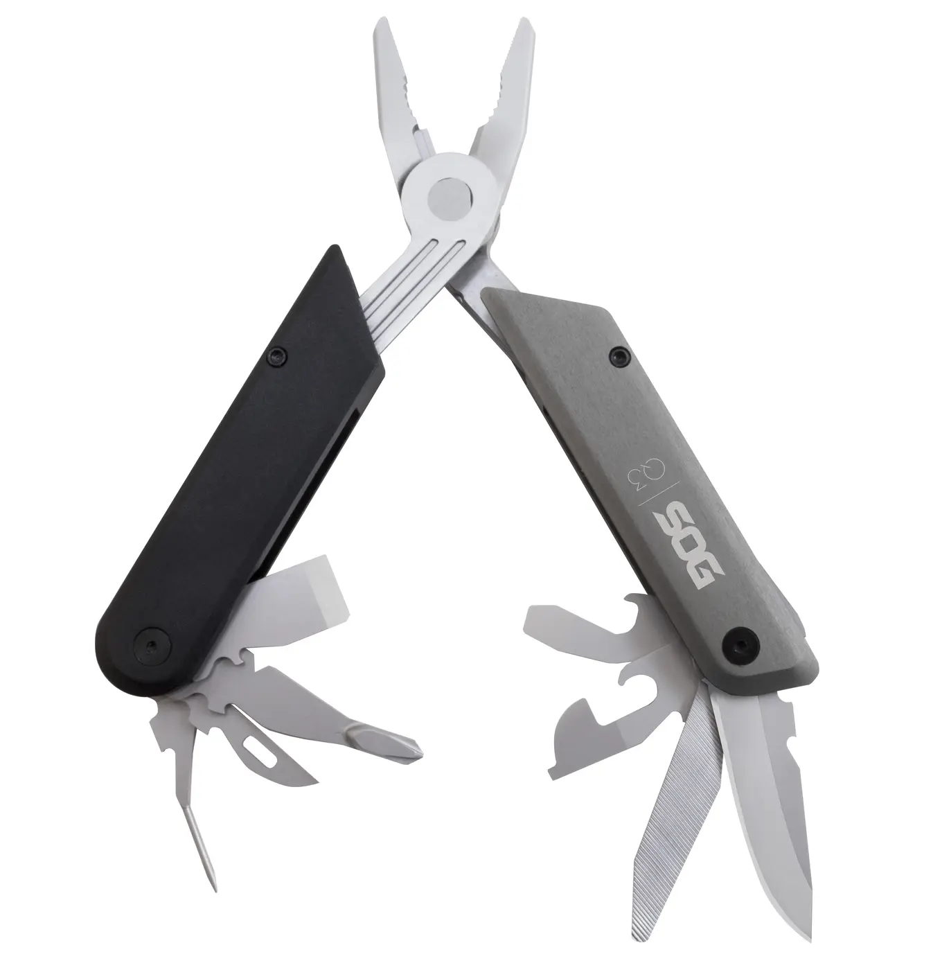 SOG Baton Q3 open with pliers, blade and internal tools extended.