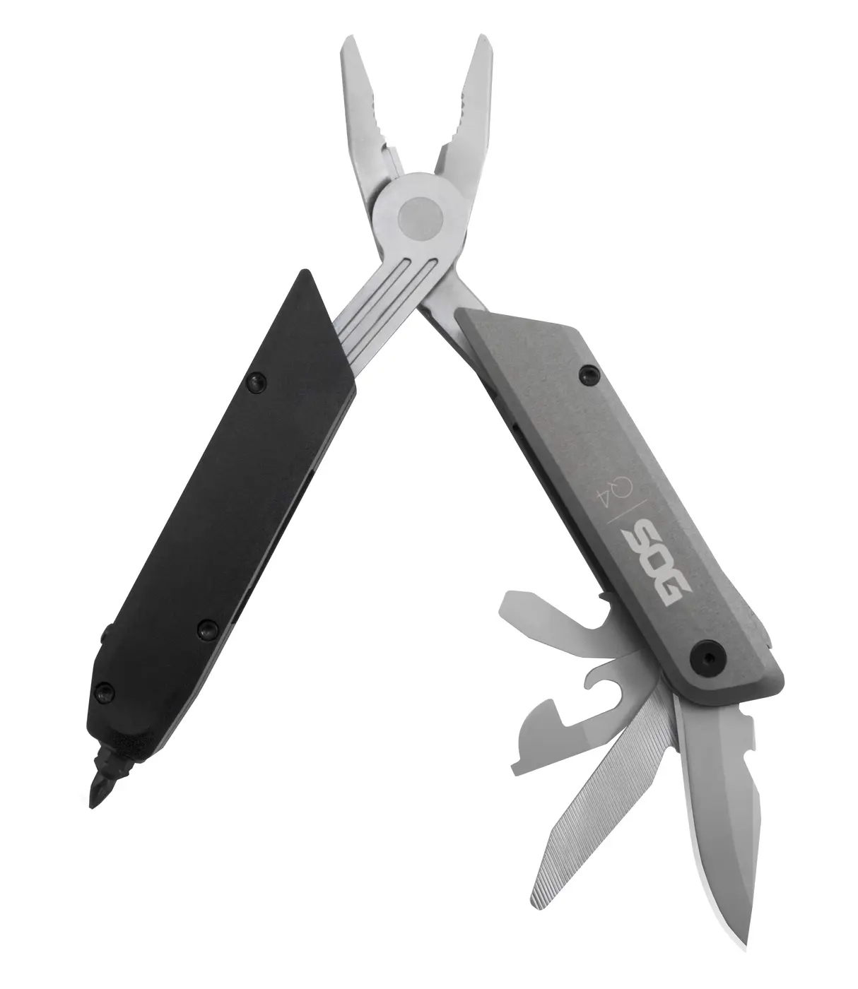 SOG Baton Q4 open with pliers, blade, ratchet driver and other tools visible.