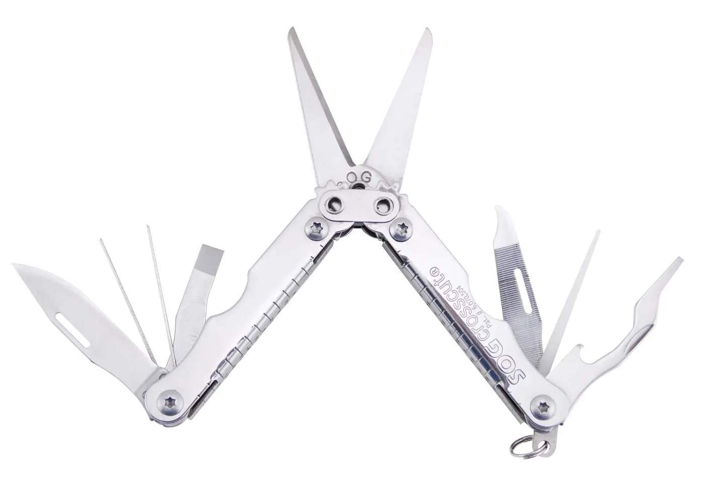 SOG CrossCut 2.0 opened with compound-leverage scissors and its smaller tools extended.