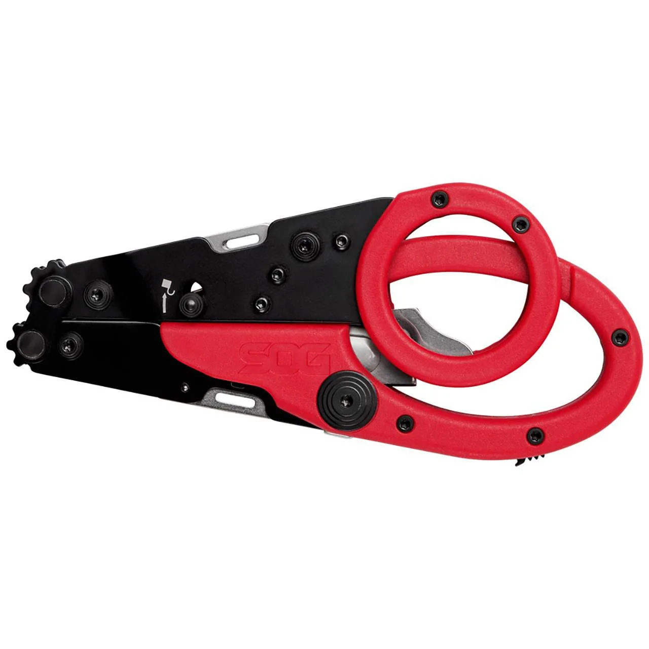 A SOG ParaShears multitool with red handles and black blades is shown in a closed position against a white background.