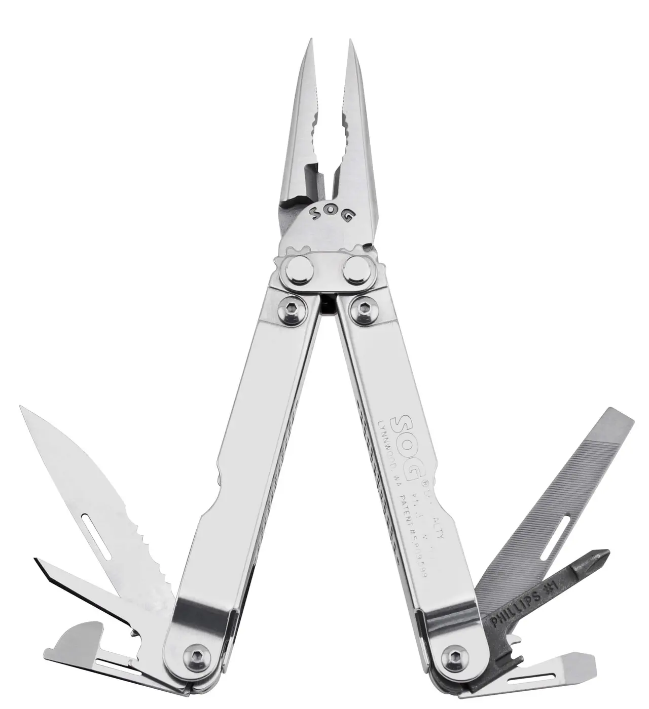 SOG Pocket PowerPlier opened with needlenose pliers, blade and drivers extended.