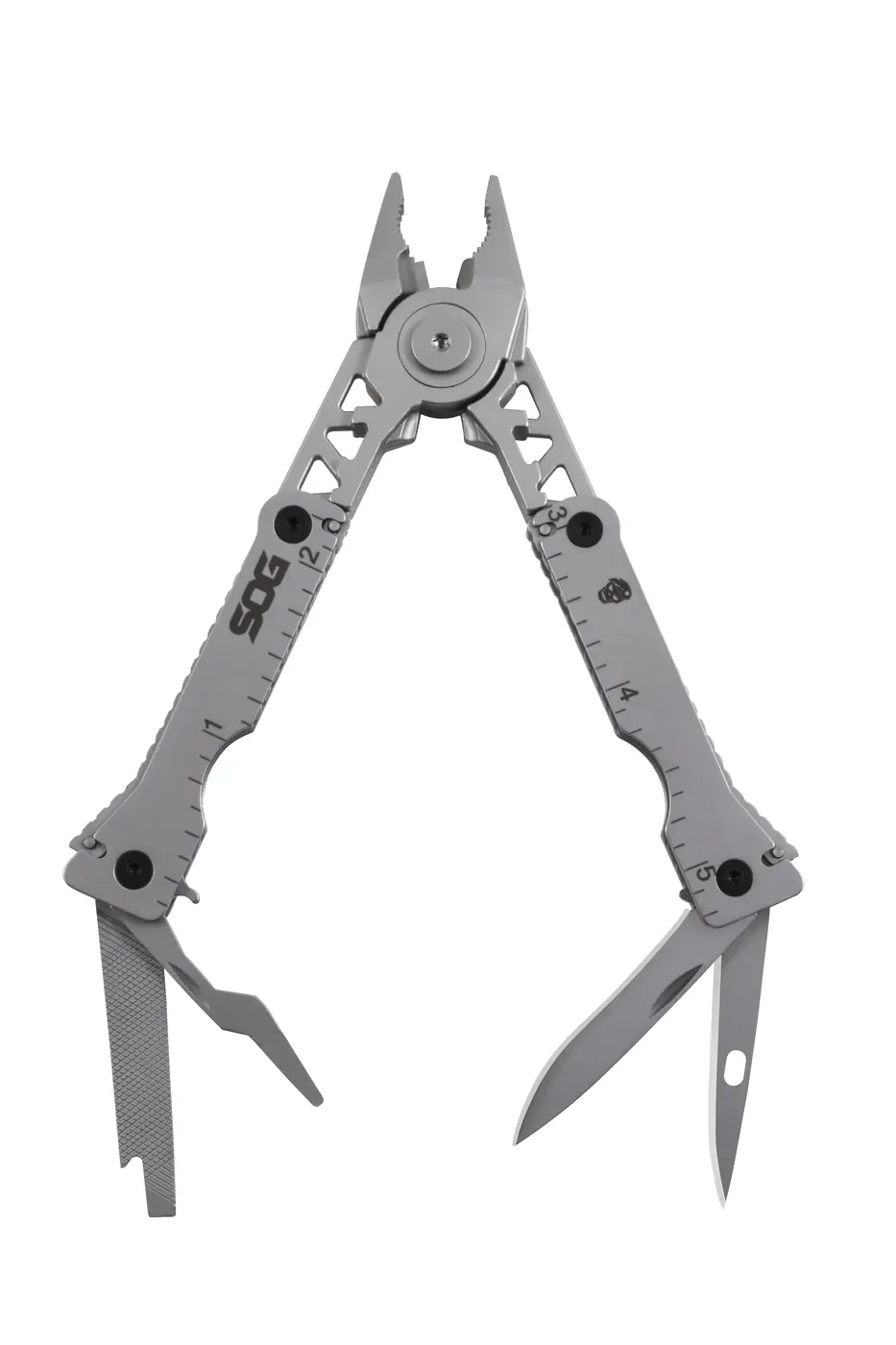 SOG Sync I opened with its pliers, blade and drivers extended.