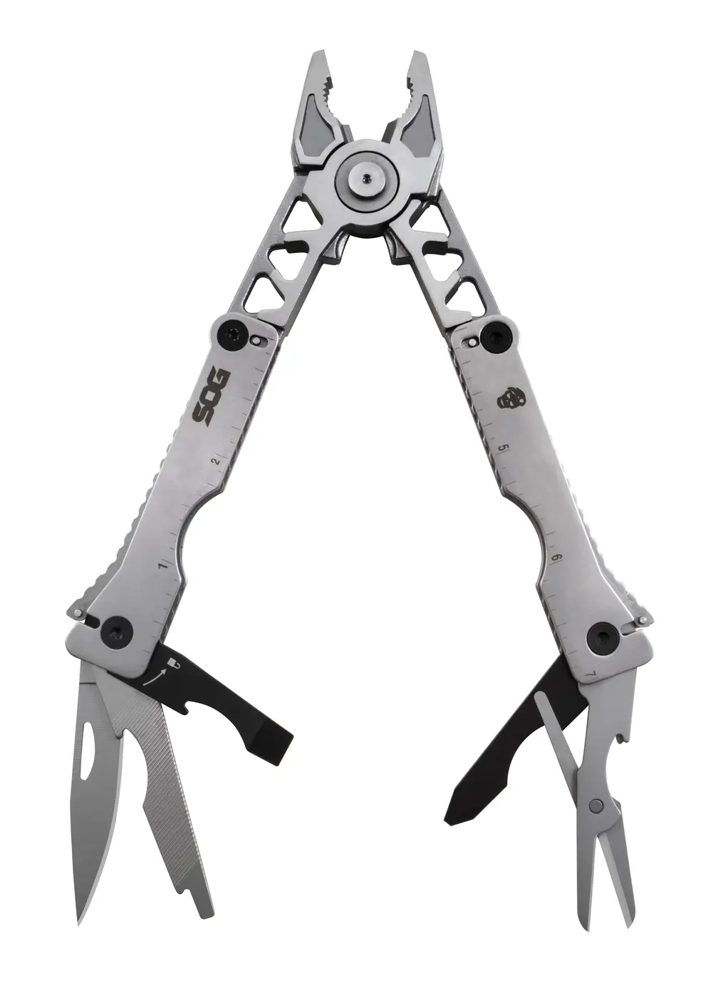 SOG Sync II opened with pliers, blade, scissors and drivers extended.