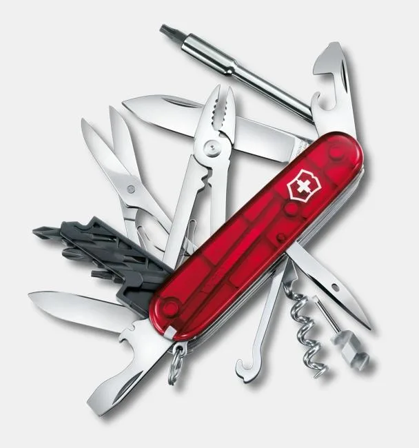 A red Victorinox Swiss Army knife with all of its tools fanned out, including pliers, scissors, a corkscrew, and a black multi-bit driver.
