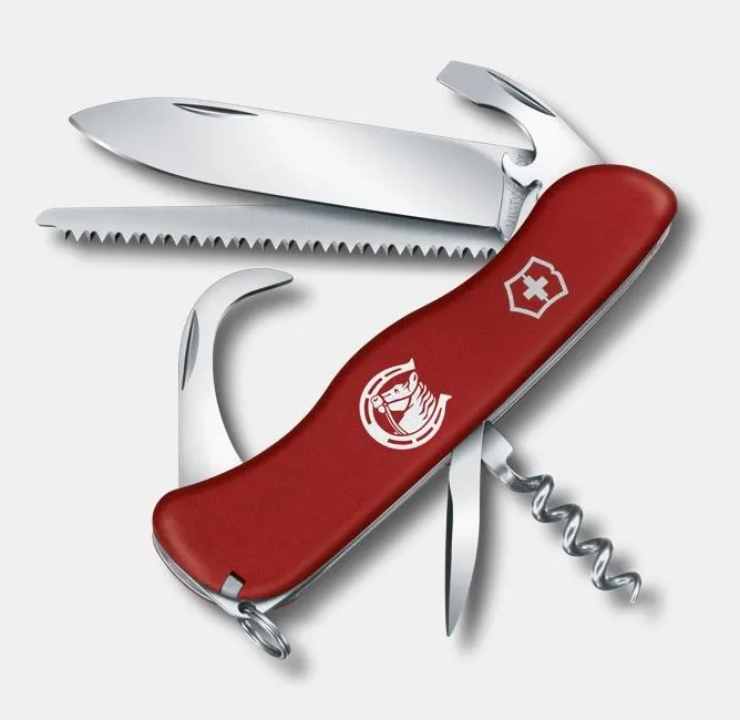 A red Victorinox Swiss Army knife with the equestrian logo on the scales, shown with several tools deployed including a large blade, a saw, a corkscrew, and a small blade.