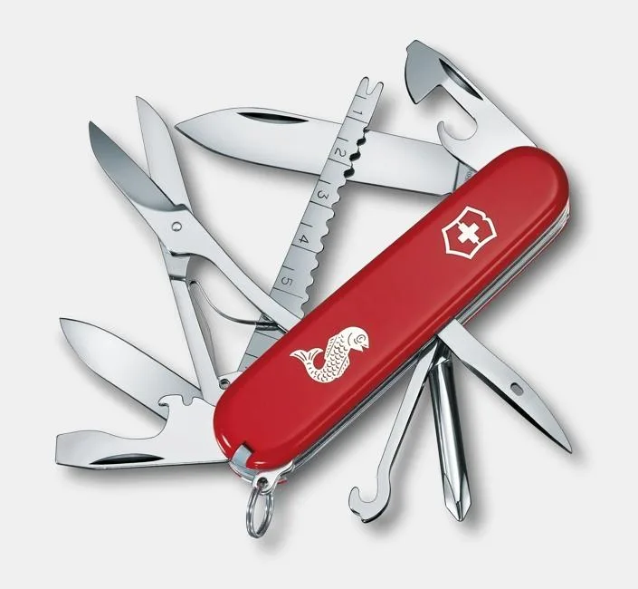 A red Victorinox Swiss Army knife with a fish emblem on the scales, shown with its tools fanned out including scissors, a ruler, and a blade.
