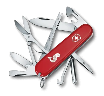 A red Victorinox Swiss Army knife with a seahorse emblem on the scales, shown with its tools fanned out against a black background.