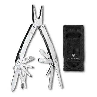 A silver Victorinox multitool is shown with its pliers and several tools deployed, positioned next to a black Victorinox sheath on a black background.