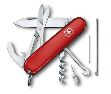 A red Victorinox Swiss Army knife is shown diagonally with multiple tools deployed, including a large blade, scissors, a corkscrew, a can opener, and a screwdriver, set against a black background.