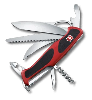 A red Victorinox Swiss Army knife with black grip inlays is shown with multiple tools deployed, including a large blade, saw, corkscrew, and bottle opener, against a black background.