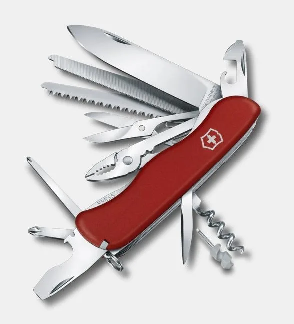 A red Victorinox Swiss Army knife is shown with its tools fanned out, including a large blade, saws, pliers, scissors, and a corkscrew.